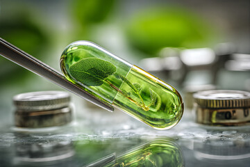 Plant in a transparent capsule held by laboratory tweezers - botanical medicine and green biotechnology concept for sustainable pharmaceutical research