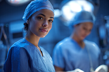 Confident female surgeon in operating room portrait, focused medical professional in blue scrubs and cap, modern surgical team