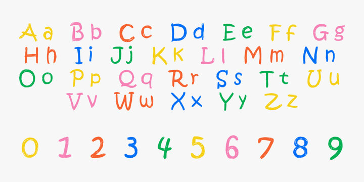 Hand drawn crayon kids english font with playful doodle texture. Childish alphabet and numbers in colorful wax crayon look. Cute kindergarten handwriting for posters and learning designs.