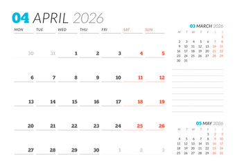 April 2026 Monthly Calendar Template for Planning and Organization helps structure workweek agendas using minimalist grid layout. Week starts on Sunday. Great for daily productivity