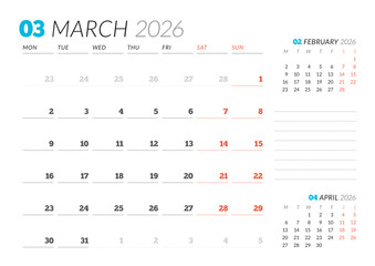 March 2026 Monthly Calendar Template for Planning and Organization streamlines personal and office task scheduling with blank structured fields. Week starts on Sunday. vector illustration