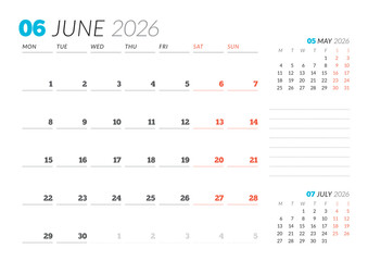 June 2026 Monthly Calendar Template for Planning and Organization simplifies weekly organization with structured lines and clear layout. Week starts on Sunday. vector illustration