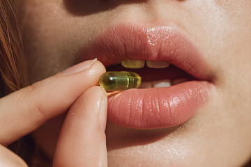 Glossy close-up of lips holding a translucent green supplement capsule at the mouth — intimate beauty, wellness, and self-care image