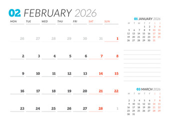 February 2026 Monthly Calendar Template for Planning and Organization improves team workflow and daily task tracking with clear minimalist layout. Week starts on Sunday. vector illustration