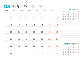 August 2026 Monthly Calendar Template for Planning and Organization supports clear organization of appointments with simple structure. Week starts on Sunday. Suitable for hybrid teams