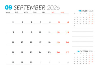September 2026 Monthly Calendar Template for Planning and Organization improves focus and weekly task tracking with open design. Week starts on Sunday. Works well in corporate teams