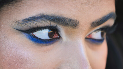 Obraz premium Young Bengali woman with dramatic eye makeup, intense gaze, and bold eyebrows