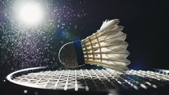 Close-up of a badminton shuttlecock resting on a racket, illuminated by a spotlight