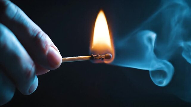 Close-up of a hand holding a lit match, producing a bright flame and smoke against a dark background, signifying the start of something or a moment of ignition
