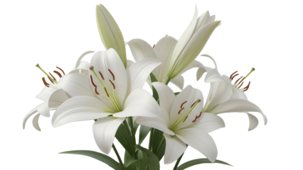 White lily flowers composition with gently folded petals 3d rendering peaceful elegant botanical background
