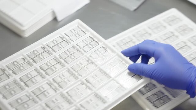Blue-gloved lab technician organizing plastic diagnostic cassettes on a stainless steel workbench during cleanroom quality control, demonstrating precise sterile handling