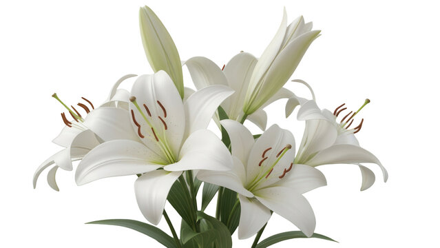 White lily flowers composition with gently folded petals 3d rendering peaceful elegant botanical background
