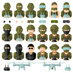 Military Avatars of Soldiers, Drone Operators And Different Drones Set. Vector illustration Isolated On White. Soldiers, Masks, Helmets, Goggles