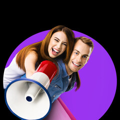 Expressive happy couple with megaphone, shopping bags. Man woman shout say in loudspeaker mega phone. Big deals, discount action. Black Friday sale ad concept. Purple background. Square