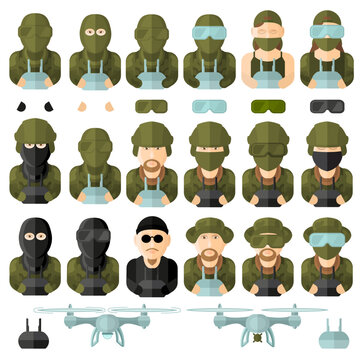 Military Avatars of Soldiers, Drone Operators And Different Drones Set. Vector illustration Isolated On White. Soldiers, Masks, Helmets, Goggles