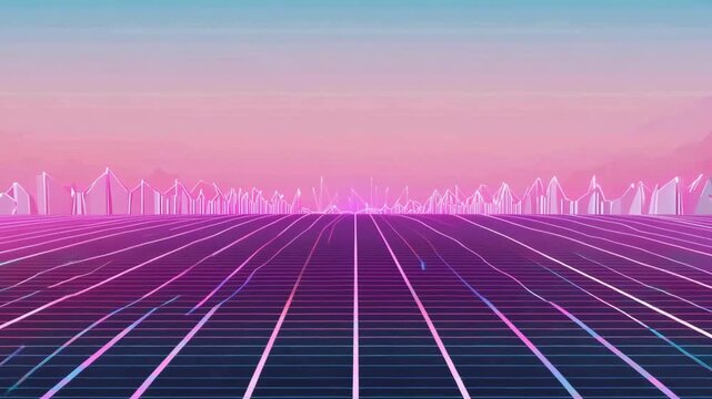 Classic 80s retro futuristic landscape with neon grid and pink sunset mountains.