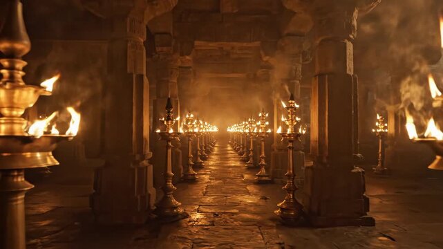 Ancient Stone Temple Hallway Illuminated by Rows of Traditional Oil Lamps with Lit Flames and Smoke Creating a Mystical and Spiritual Atmosphere in Warm Golden Tones