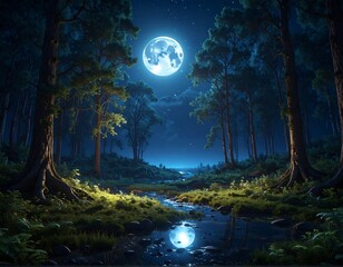 Serene nighttime forest scene, moonlit river reflecting starry sky