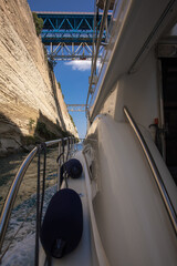 Passing through the Corinth Canal by yacht, Greece. 