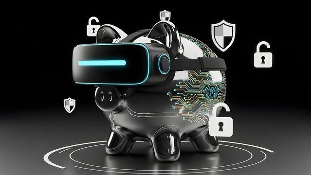 A conceptual black metallic piggy bank wears a futuristic virtual reality headset illustrating digital finance security and cryptocurrency asset protection. - Powered by Adobe