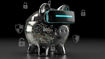 Metallic piggy bank wearing a futuristic virtual reality headset featuring glowing circuit patterns and floating security icons.