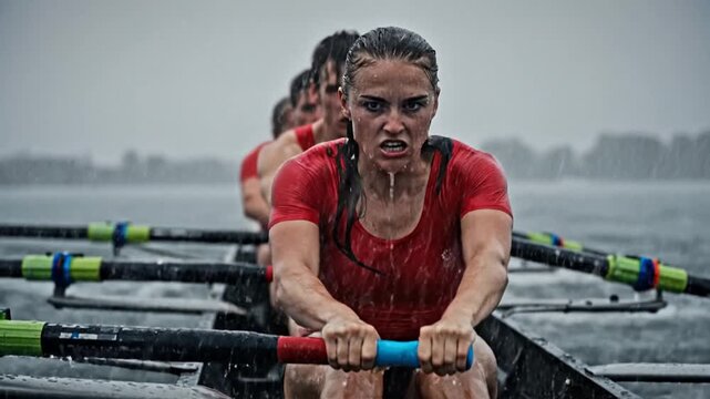 Intense Woman Rowing with Determination in a Team During a Rainy Competition