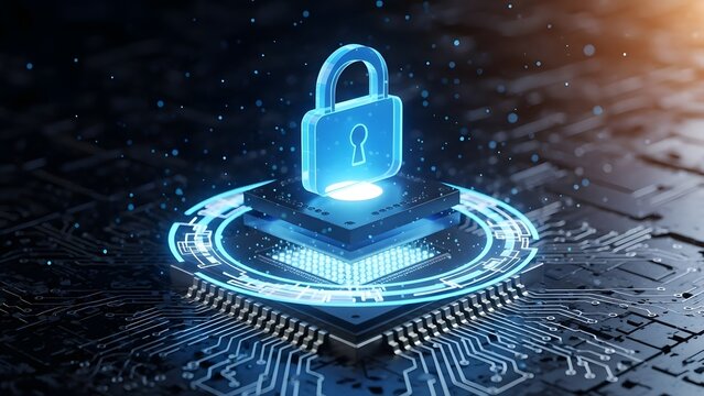 Digital concept featuring a glowing blue padlock icon resting atop a futuristic microchip structure symbolizing data security and protection. - Powered by Adobe