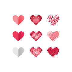 Set of different simple red hearts isolated on white for Valentines day