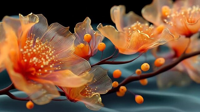 Abstract floral arrangement with orange blossoms and translucent petals on branches