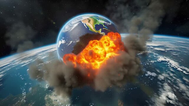 Epic asteroid collision Earth, fiery impact, planetary destruction, tsunamis volcanic eruptions, firestorms atmosphere, orbital satellite view asteroid POV, cinematic wide-angle Earth curvature, drama