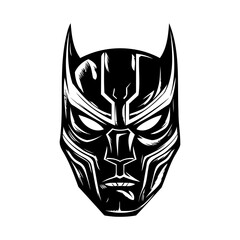 Superhero mask icon. Stylized black silhouette of a face in a mask with pointed ears or horns and geometric lines. Vector illustration.