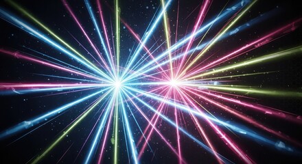 Vibrant multicolored light beams radiating from dual bright centers against a dark background, creating a dynamic energy effect with streaks of pink, blue, yellow,