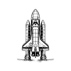 Stylized black and white space shuttle during launch. Detailed drawing in comic book style. Vector illustration.