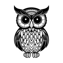 Detailed black and white owl. Stylized drawing in tribal or graphic art style with contrasting lines. Vector illustration.