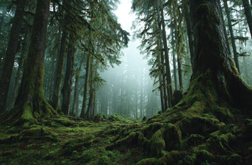 Obraz premium Dense moss-covered forest with towering ancient trees and lush green undergrowth in a misty environment