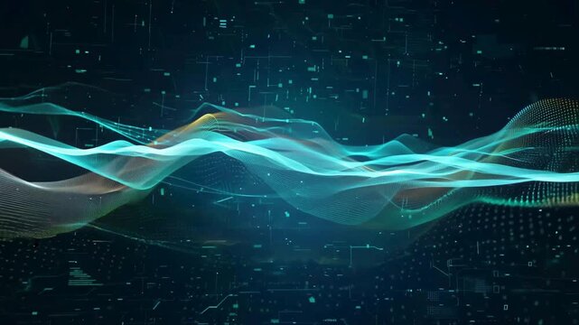 Abstract blue and orange glowing digital wave with floating binary particles and circuit lines.