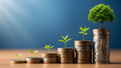 A green plant growing from a stack of golden coins symbolizes financial investment growth and business success in the banking and wealth savings concept