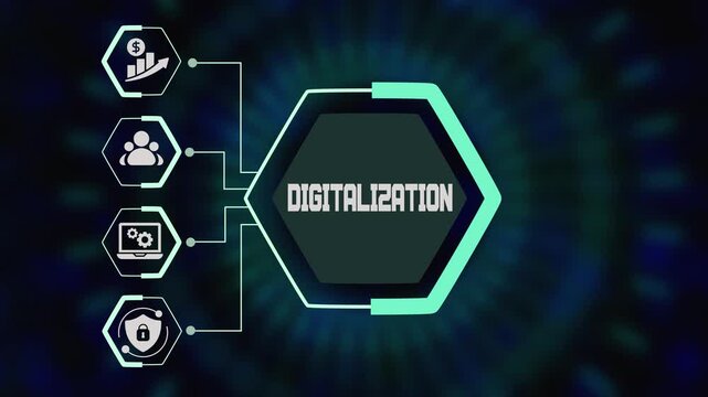 Digitalization concept with futuristic hexagon interface, business growth dashboard, data driven technology icons and modern digital transformation background.