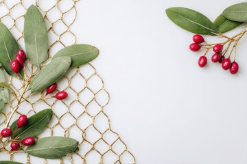 Red Berries and Green Leaves on Golden Mesh Background