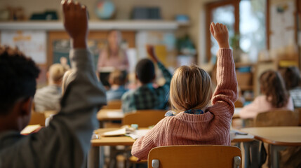 Group of Elementary School Students Raising Their Hands in Class During a Lecture