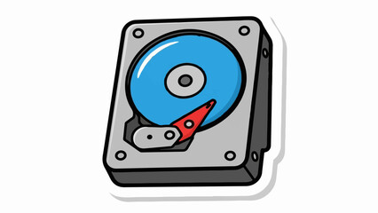 Fototapeta premium Stylized, cartoonish internal hard drive with a blue spinning disc and red read/write arm