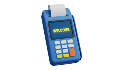 3D Rendering of a Blue Payment Terminal with 'WELCOME' displayed