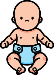 Obraz premium Sad cartoon baby sitting on a plain background wearing a blue diaper, expressing a feeling of discomfort or sadness, isolated on a transparent background.
