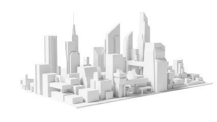 Minimalistic 3D rendering of an abstract white city skyline, featuring geometric buildings and structures, conveying a sense of urban development, planning, and clean architectural design