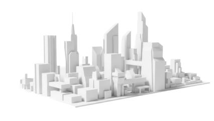 Minimalistic 3D rendering of an abstract white city skyline, featuring geometric buildings and structures, conveying a sense of urban development, planning, and clean architectural design