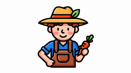 Stylized cartoon farmer in a hat, holding a fresh carrot