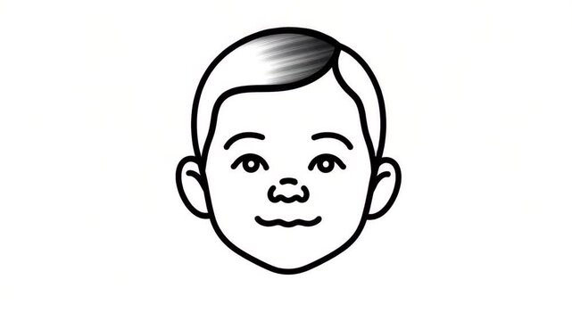 Line art animation of a young boy's face being drawn on a white background. Black and white sketch of a happy child portrait appearing. Minimalist doodle illustration process