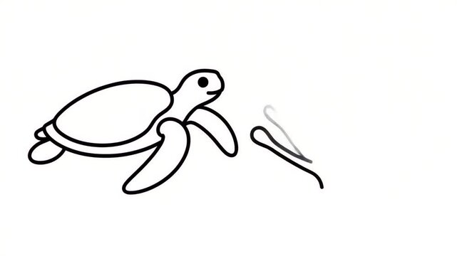 Line art animation of a sea turtle and coral being drawn on a white background. Self-drawing sketch of a marine reptile swimming near a reef plant. Minimalist black and white doodle illustration