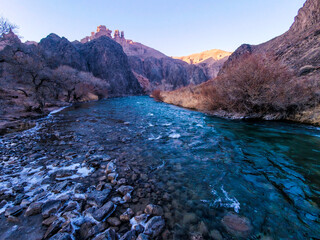 The Charynka River near the Charyn Canyon in the evening. Winter.