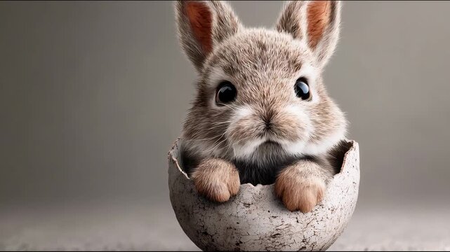 Cute brown fluffy baby rabbit in broken speckled eggshell, adorable small animal with big eyes for easter or pet concepts